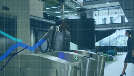 animation of data processing with lines over business people walking through airport gates
