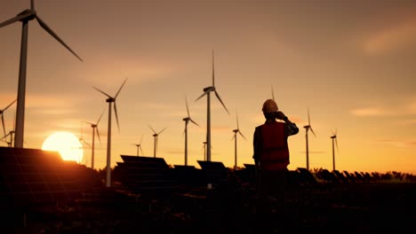 ingeniero en una granja eólica y solar al atardecer