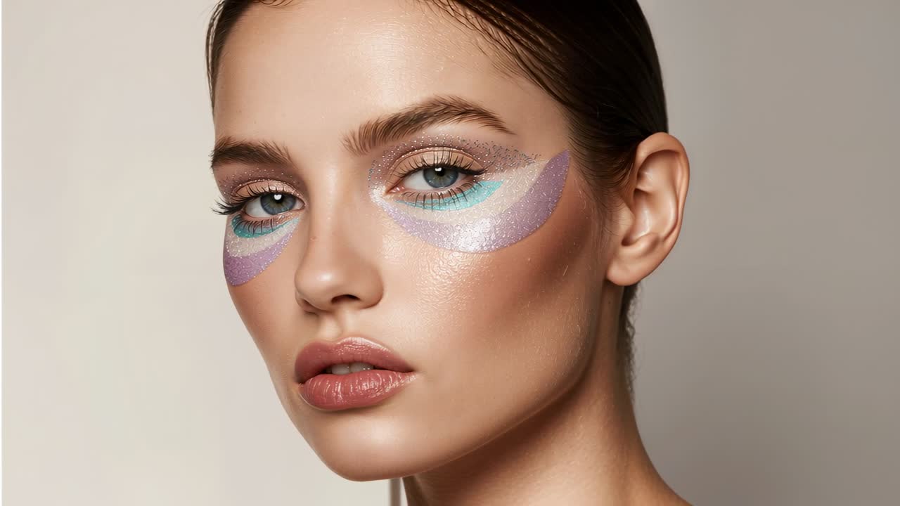 Poserende modell holder en rolig positur mens kameraet trekker seg tilbake i studio, viser sminke med glitterhalvmåne.