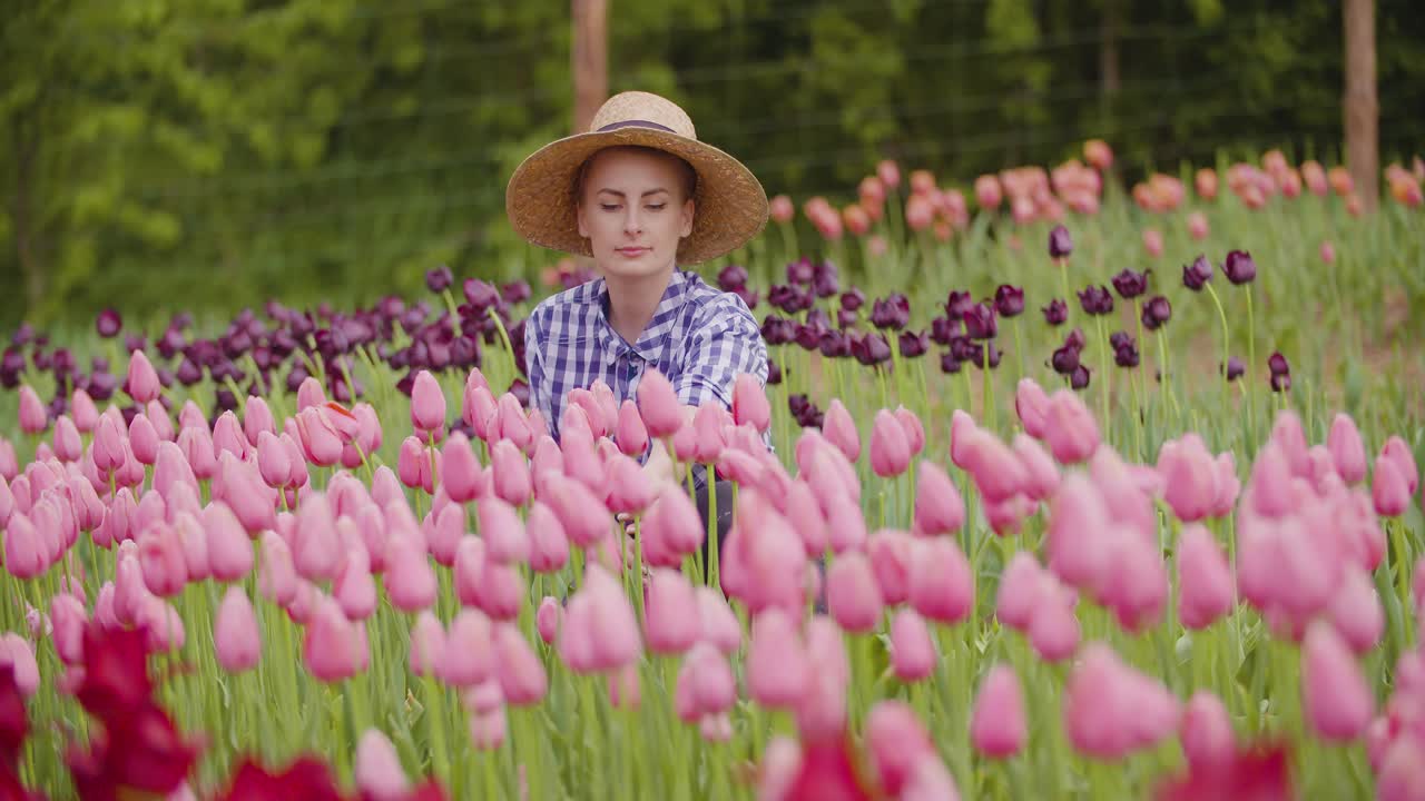 agricultora examinando flores de tulipán rosa en el campo 5