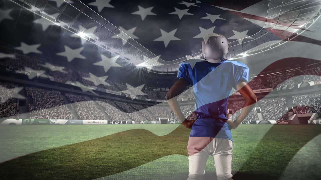 Jogador de futebol americano de pé no campo do estádio