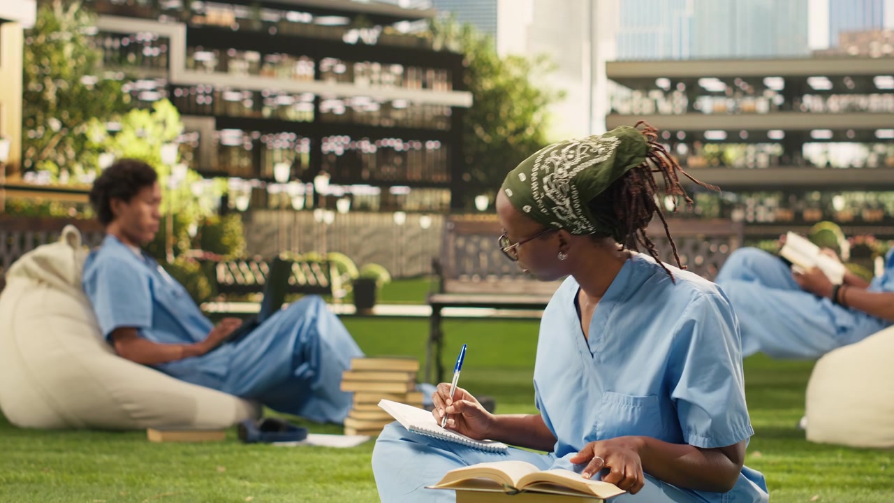 Medical student in blue scrubs writing in notebook beside open book