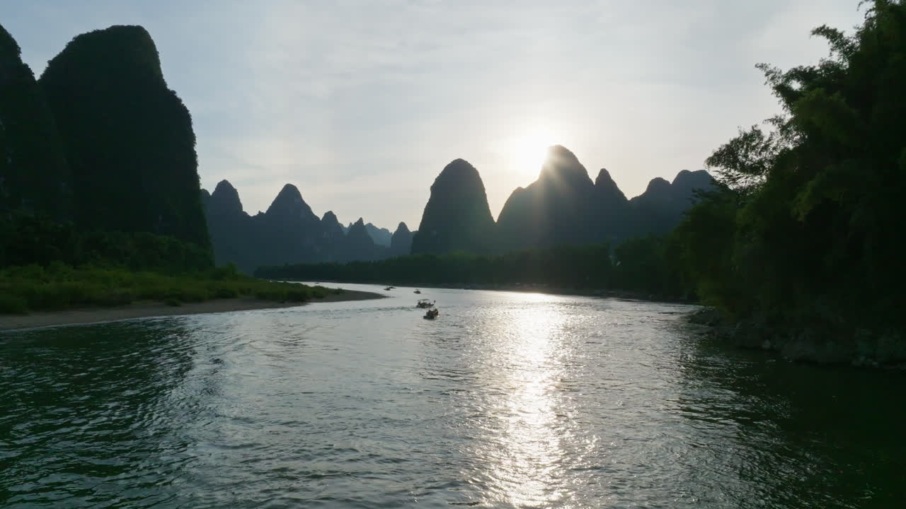 Aerial view over the 20 Yuan RMB viewpoint, golden hour in Xingping, China