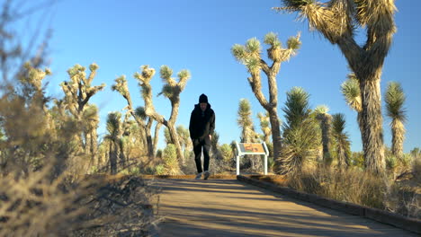 A-young-man-hiker-with-a-backpack-and-a-beanie-hiking-through-a-desert-nature-preserve-with-Joshua-Trees-in-Lancaster,-California