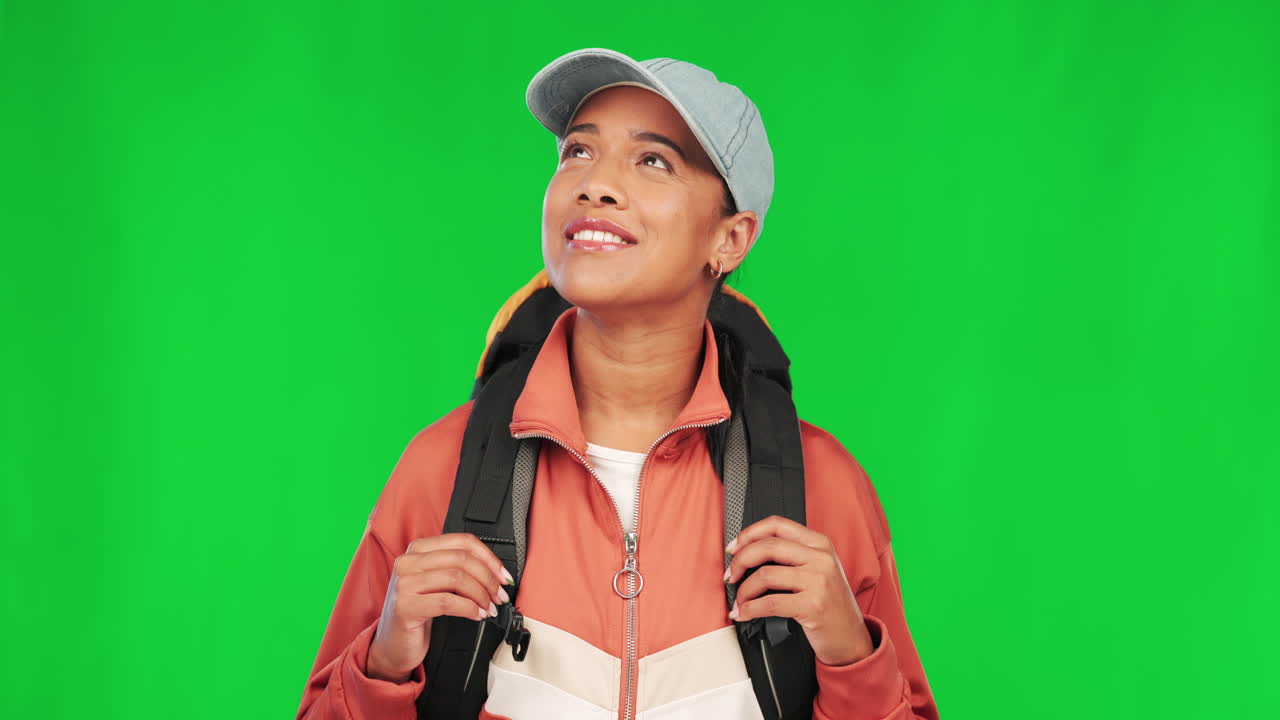 Happy woman, hiking and green screen