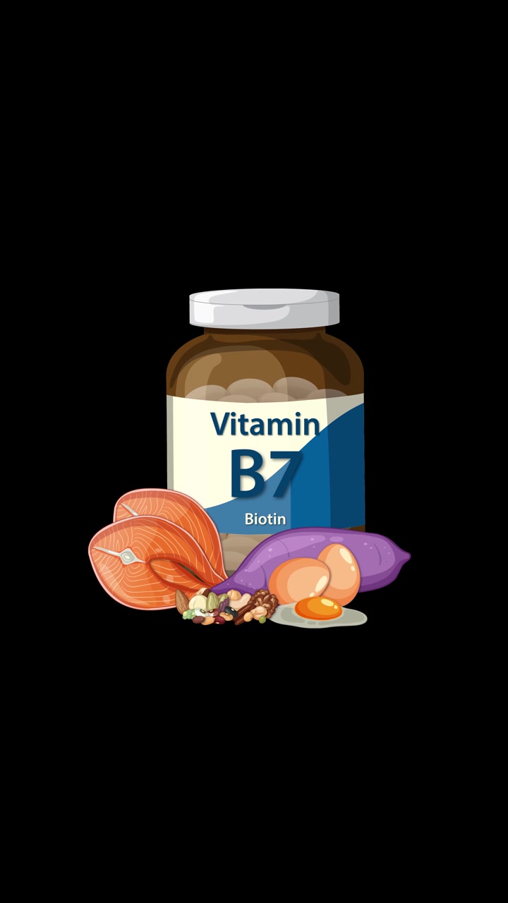 Flacone di integratore di biotina (vitamina B7) con uova, noci, patata dolce, cipolla, animato su sfondo nero.