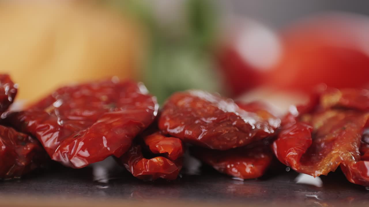 Dried tomatoes close up, Italian restaurant with traditional food, Spanish cuisine, delicious tapas and white wine, bruschetta with cheese, olives dry tomatoes and tasty sandwich bar appetizer, buffet