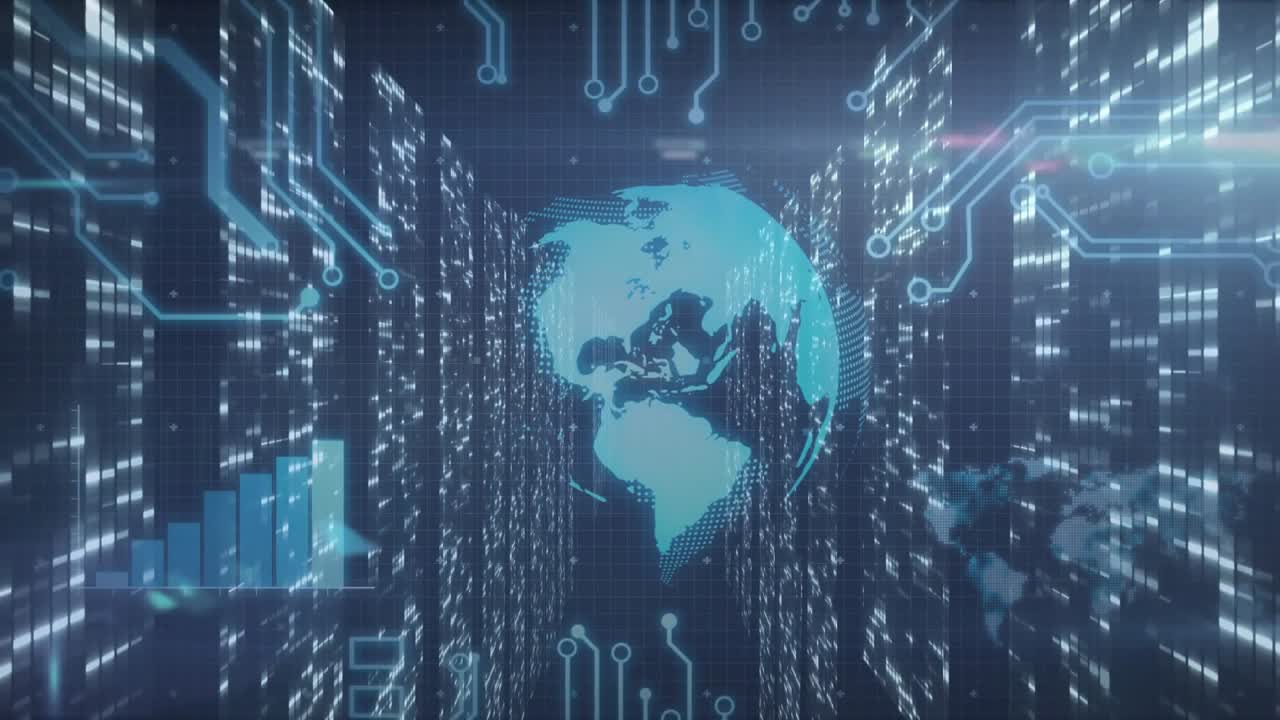 Globo olografico fluttuante tra pareti di dati, che ruota, con circuiti e barre pulsanti, visualizzando dati