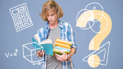 animación de iconos escolares y signos de interrogación sobre el estudiante masculino caucásico