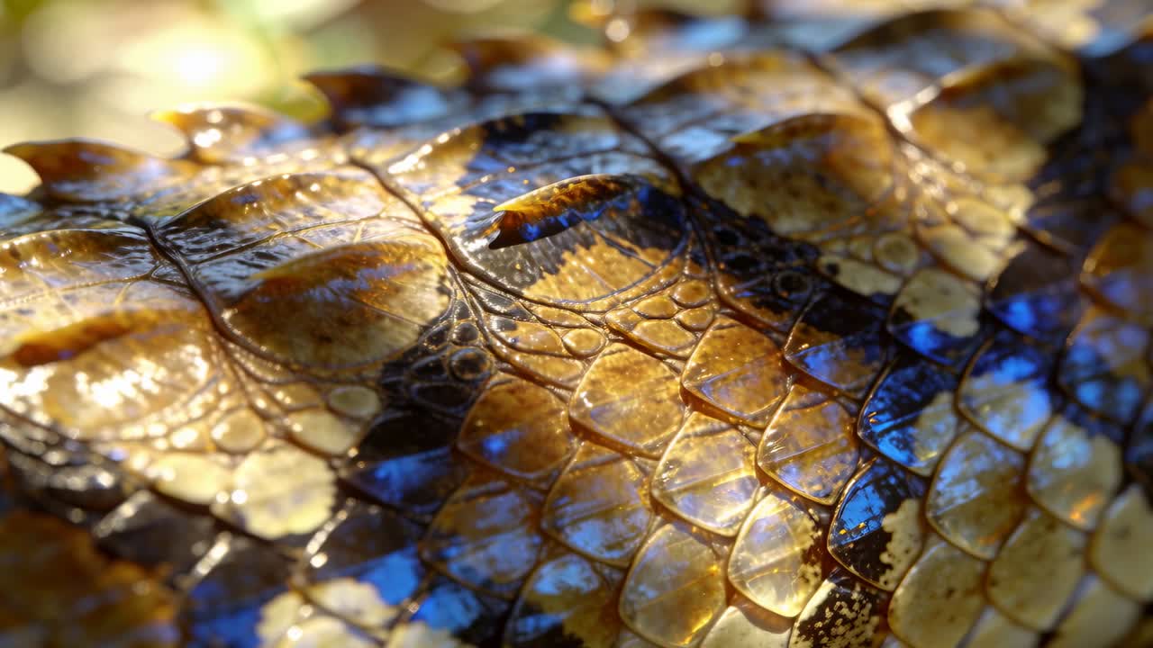 Luce solare a chiazze che si sposta mostra le squame di rettile che riflettono un luccichio blu e creste nel fogliame ombreggiato.