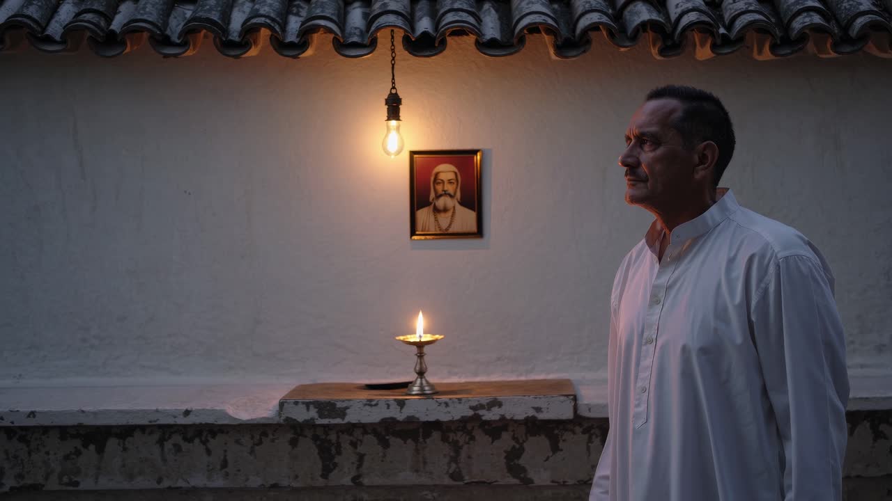 Man in white attire stands contemplatively beside a lit candle and framed image, illuminated by a hanging light, capturing a moment of reflection and serenity