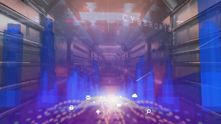 Icone digitali su modello 3D di città su sfondo di tunnel luminoso