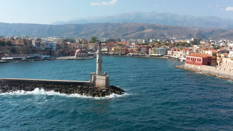 Beautiful-Panoramic-View-Of-Port-Chania-In-Crete-Greece---Aerial-shot