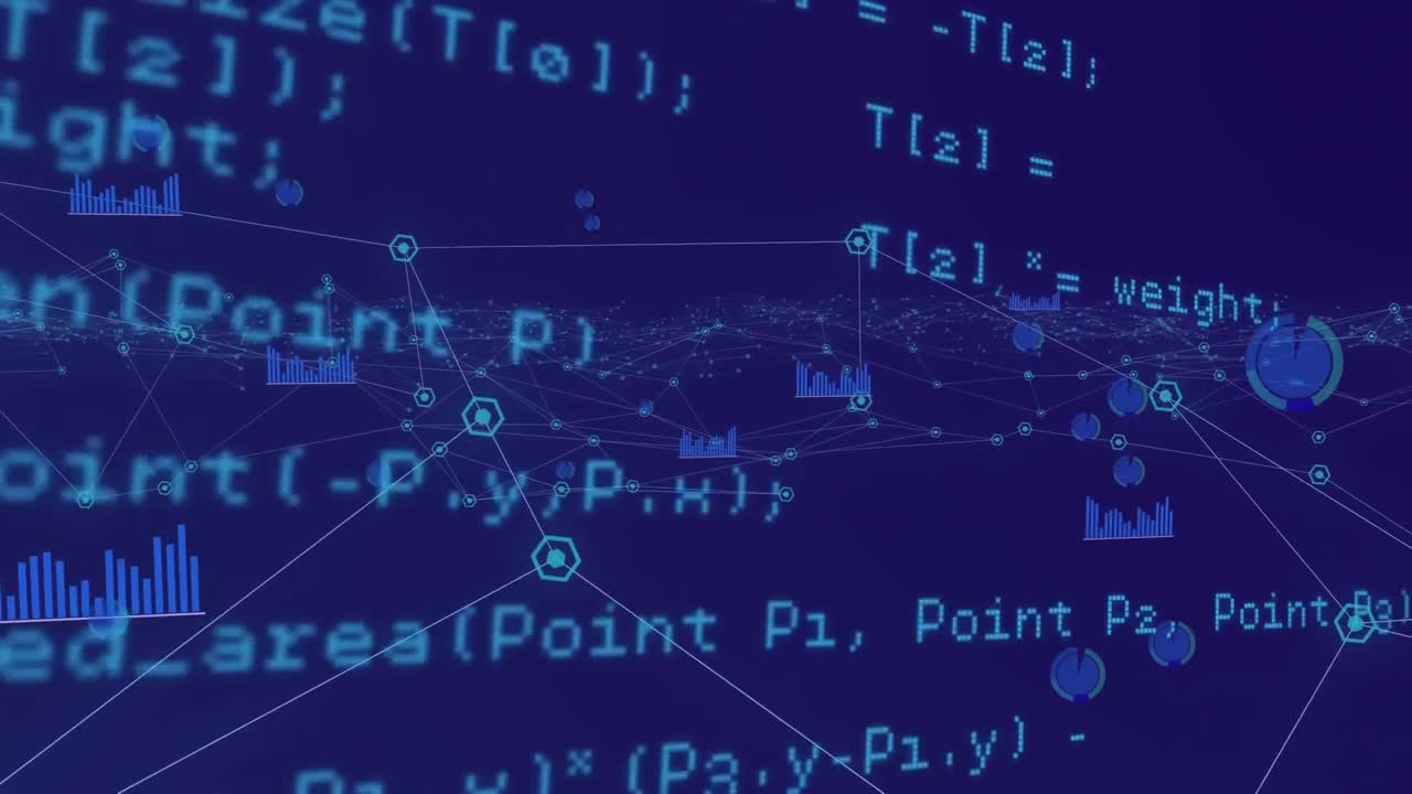 파란색 배경에 대한 연결 네트워크를 통해 데이터 처리의 디지털 애니메이션