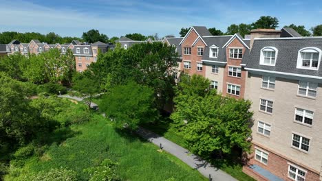 panoramic view of several expansive apartment complexes backed up to a park like setting