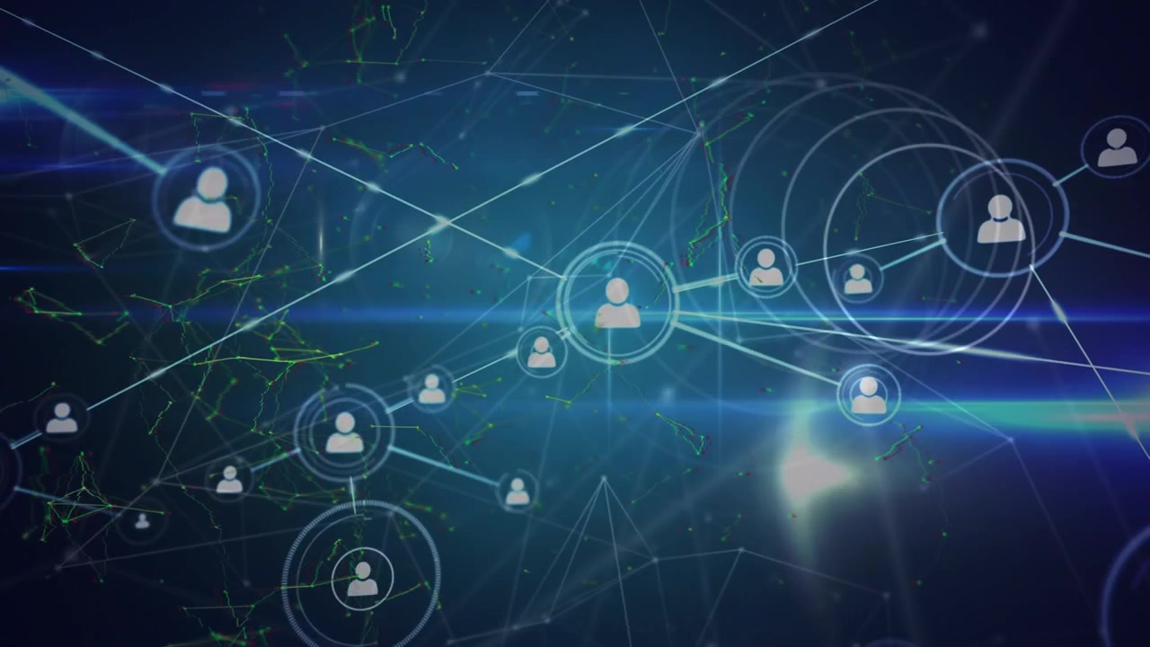 Animazione di una rete di connessioni con icone di persone su sfondo blu