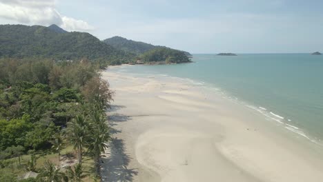 aerial ascending footage of tropical white sand beach with coco palms, ocean and jungle