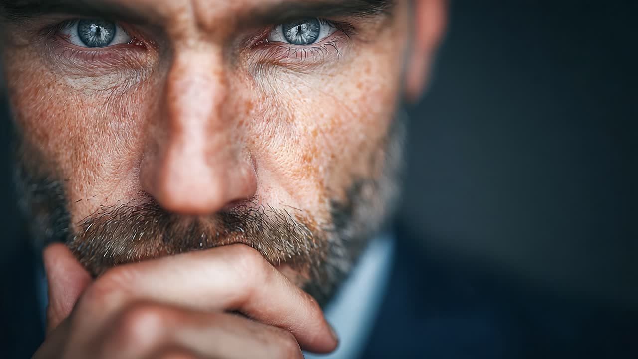 Esame ravvicinato di un uomo intenso e riflessivo, catturato in due diversi fotogrammi, che enfatizzano la sua espressione pensierosa e gli straordinari occhi azzurri