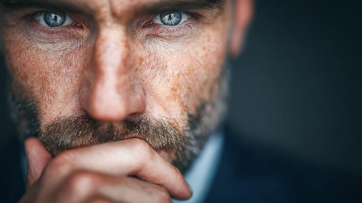 Esame ravvicinato di un uomo intenso e riflessivo, catturato in due diversi fotogrammi, che enfatizzano la sua espressione pensierosa e gli straordinari occhi azzurri