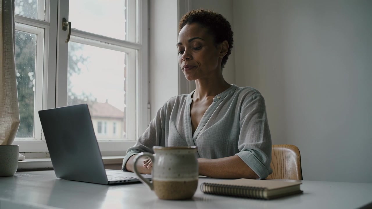 Reading laptop screen, woman wearing gray blouse speaking refocusing at window nook, mug notebook