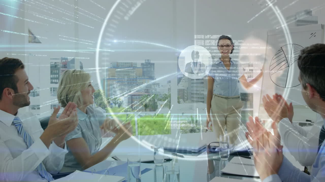 Applauding presentation, business team in modern office with digital animation overlay