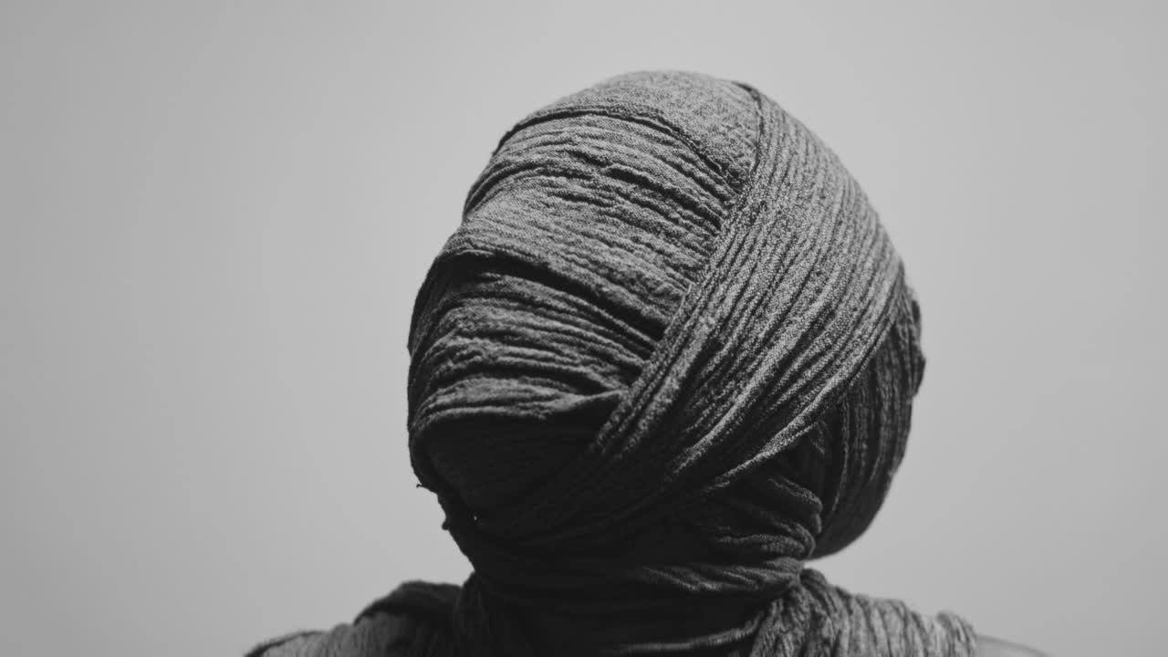 A mummy of a woman on a white backdrop looks up
