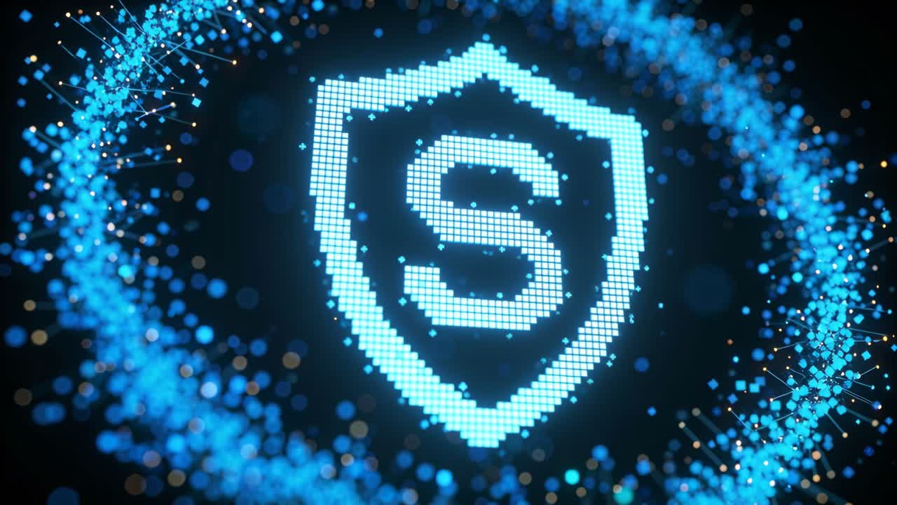 Vertical video: Animating LED shield letter S pulsing and scaling on black, rotating ring for focus