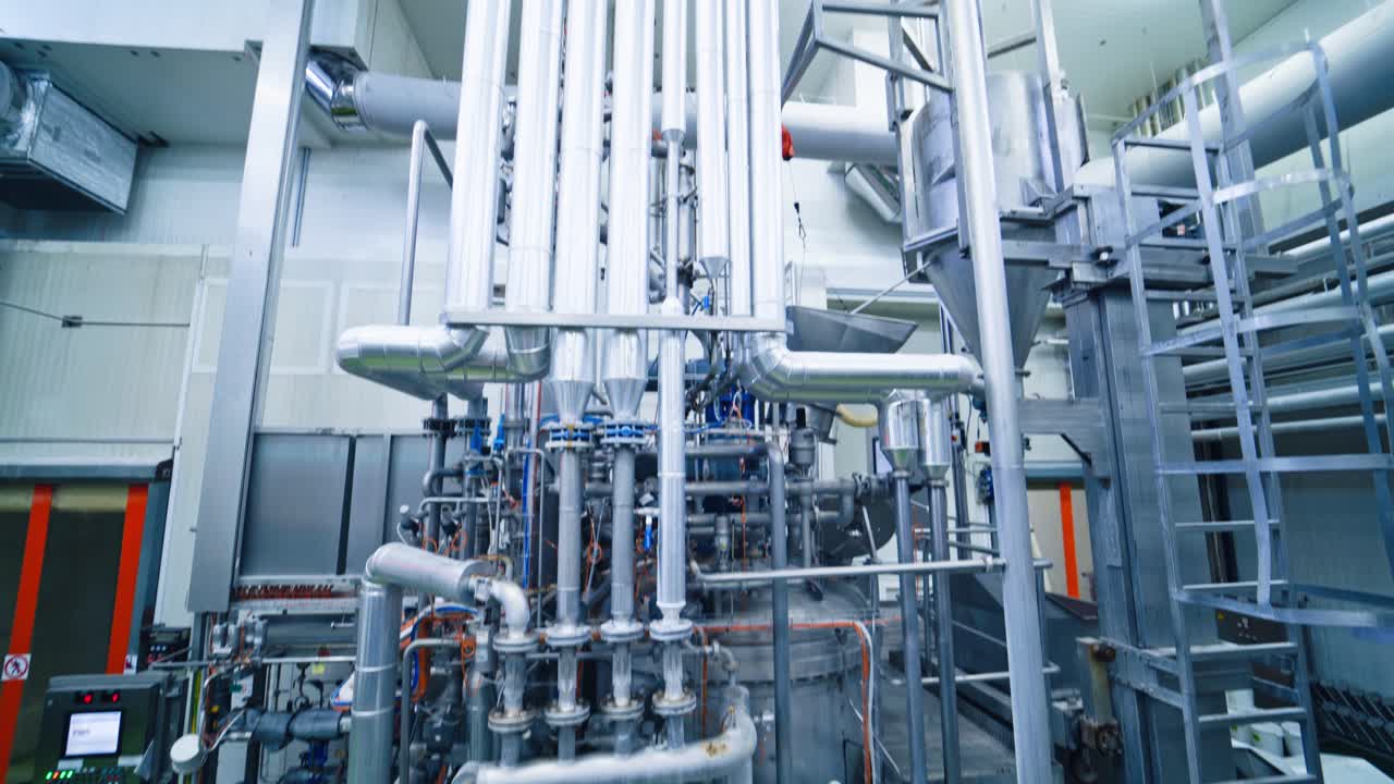 Industrial dairy production. View on the steel pipelines on the milk factory