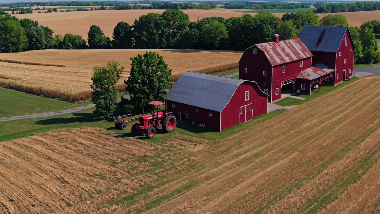 Aerial video view of a vast, lush landscape with patchwork fields and a winding river under a blue