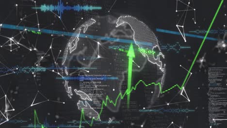 Animation-of-green-arrows-moving-upwards-and-network-of-connections-over-spinning-globe