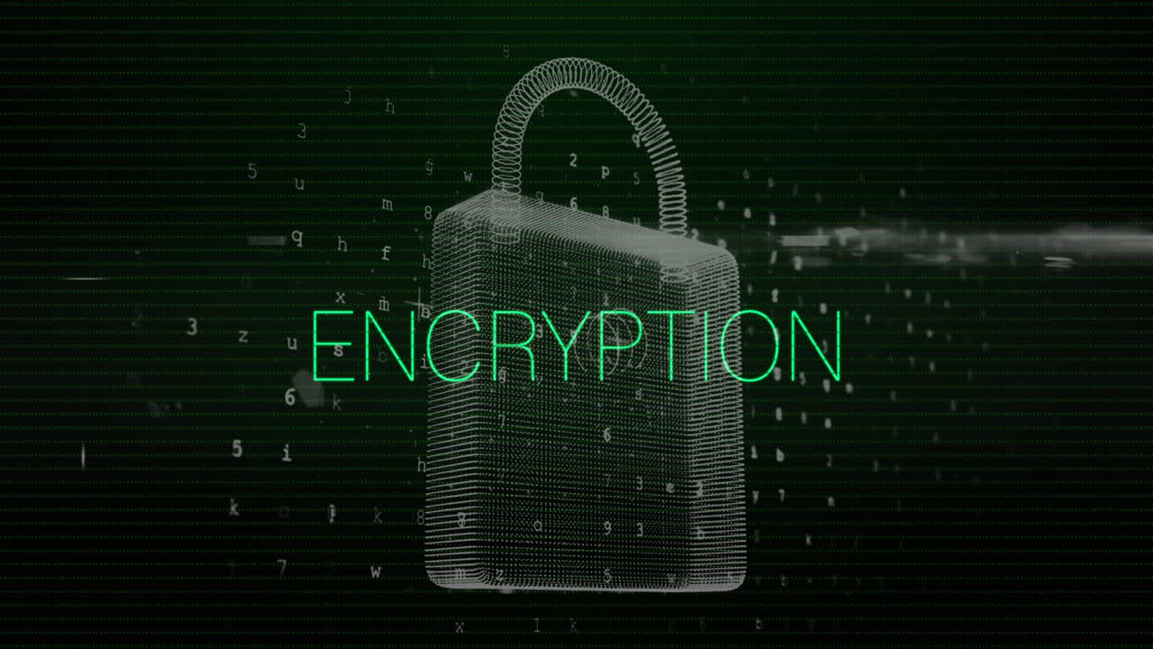 Animation of encryption text over padlock and data processing