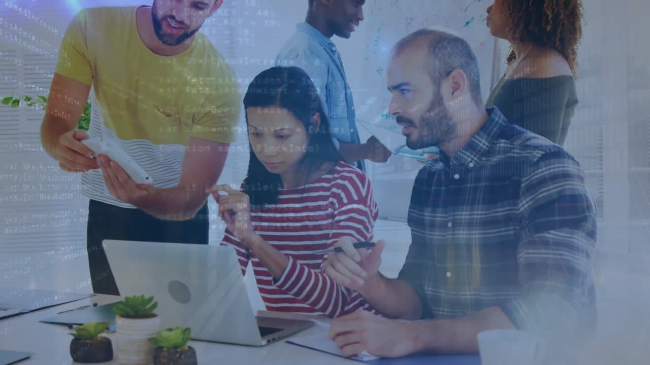 Animation of data processing over diverse business people discussing work