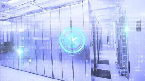 animación del procesamiento de datos con reloj sobre la sala del servidor
