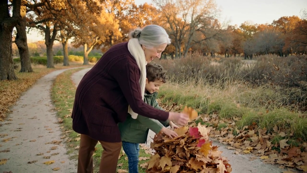 Grand-mère faisant une pause, petit-fils ramassant des feuilles pour former un tas sur un chemin de terre, en manteau rubis et veste verte.