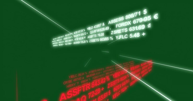 Camera begint flyby, wit-rode tickerpanelen roteren, vervagen, tonen activa op transparante achtergrond