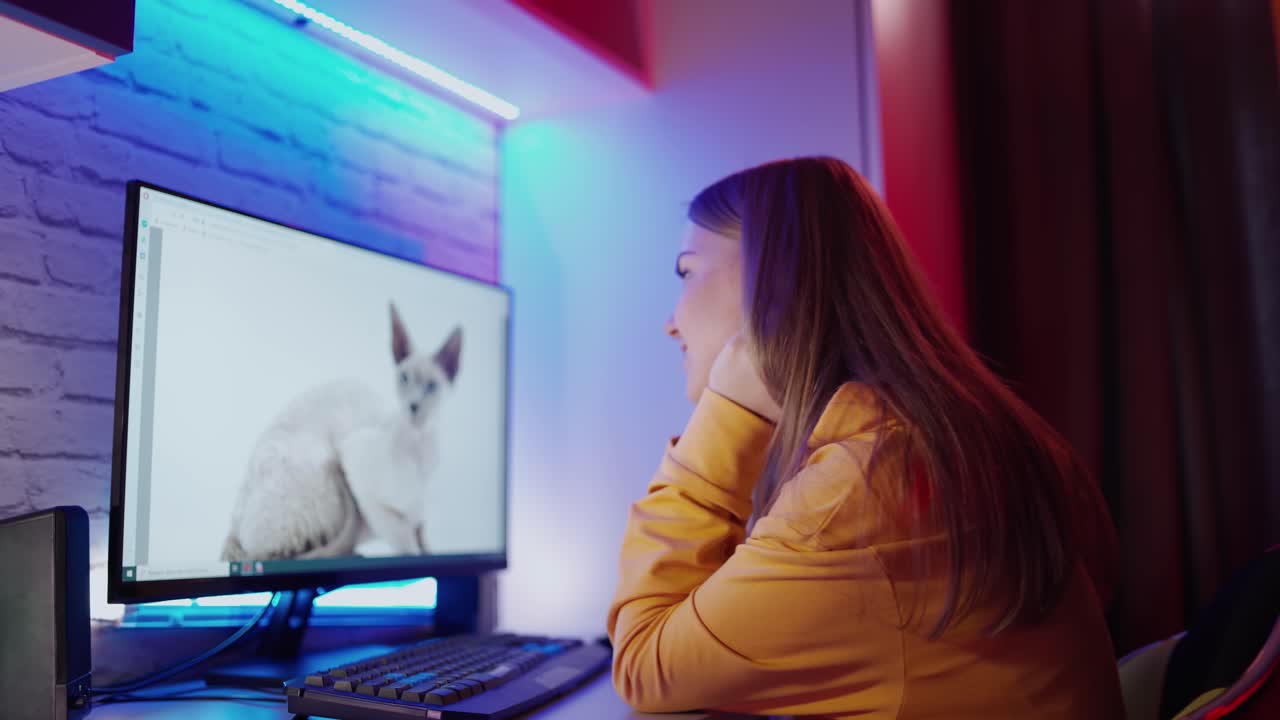 Woman using computer work at home. Happy young beautiful woman using computer indoors