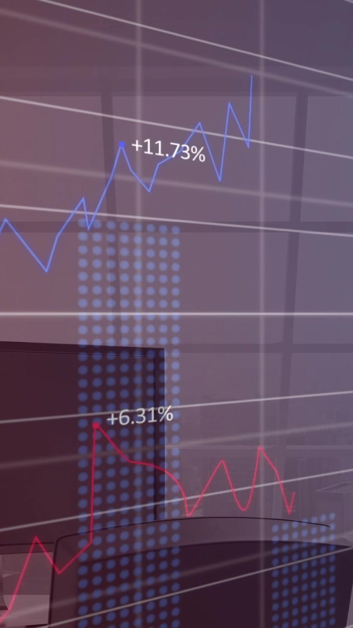 Animation of financial data processing over empty office
