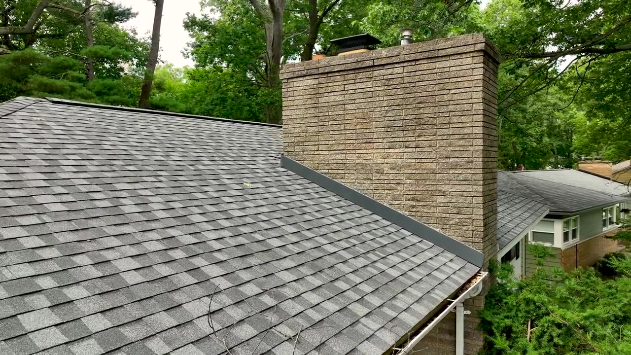An aerial view of a mid-century stone chimney.