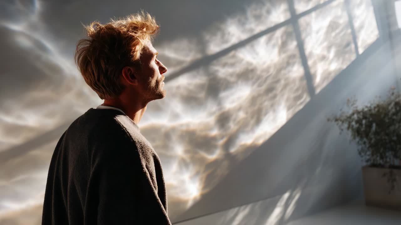 A serene moment captured in soft light, showcasing a contemplative individual surrounded by ethereal visuals, as shadows and reflections dance across the surroundings, evoking a sense of tranquility and introspection