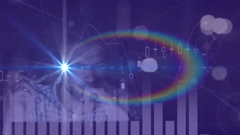 Animation-of-rainbow-lens-flare-effect-over-statistical-data-processing-against-caucasian-man