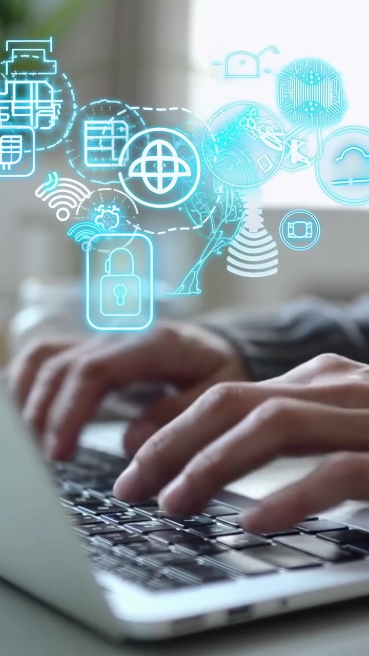 Hands Typing on Laptop with Animated AI and Technology Icons