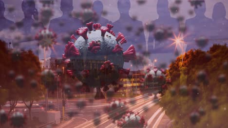 animación de células de covid-19 flotando sobre siluetas de personas púrpuras y paisaje urbano en el fondo
