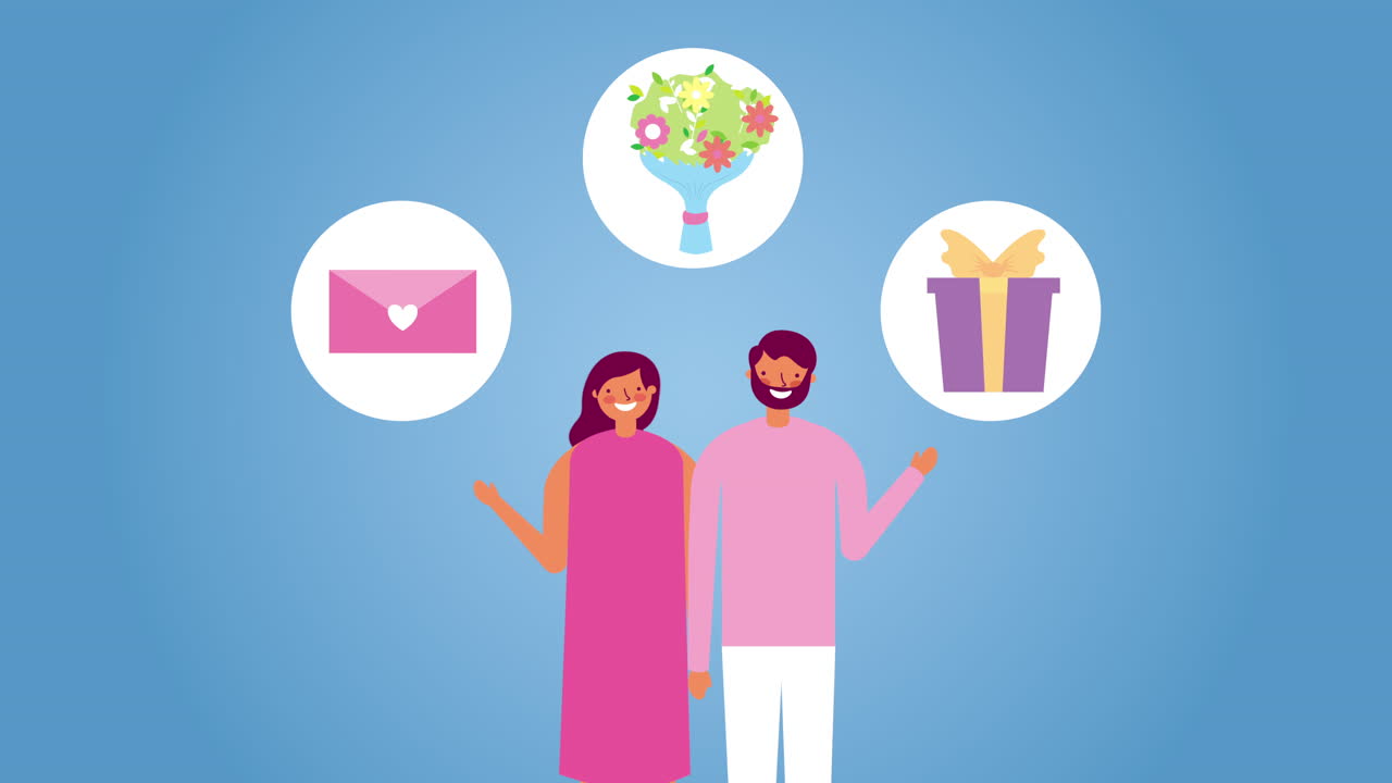 발렌타인 데이 세트 아이콘을 가진 연인 커플