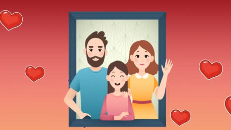 Animation-of-illustration-of-portrait-of-happy-parents-and-daughter,-with-red-hearts