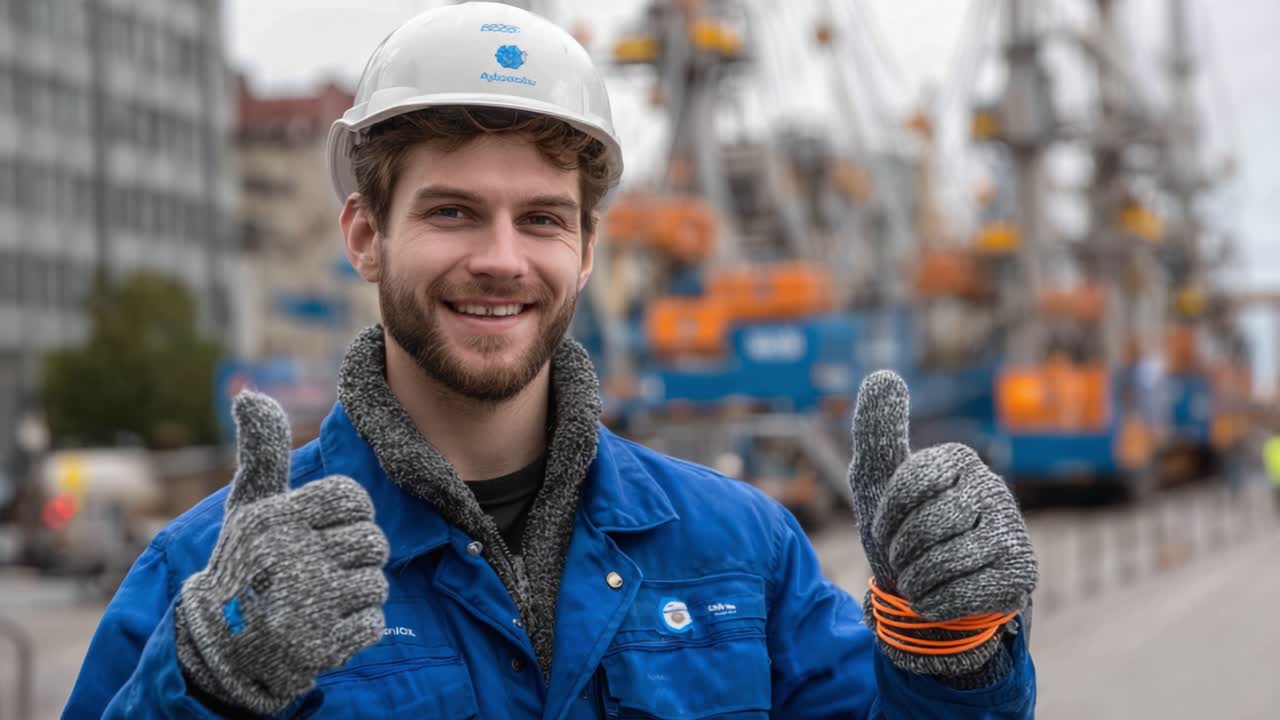 Un giovane con cappello e guanti caldi celebra il successo sul lavoro con un ampio sorriso e pollice in su in un vivace ambiente di cantiere navale