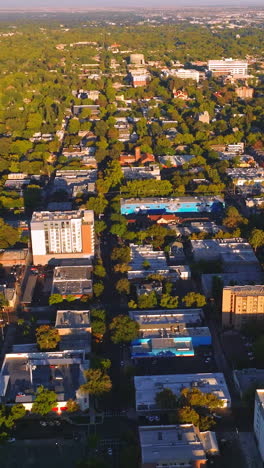 vast urban panorama with lots of greenery on sunny daytime. dense architecture of the city from aerial perspective. vertical video