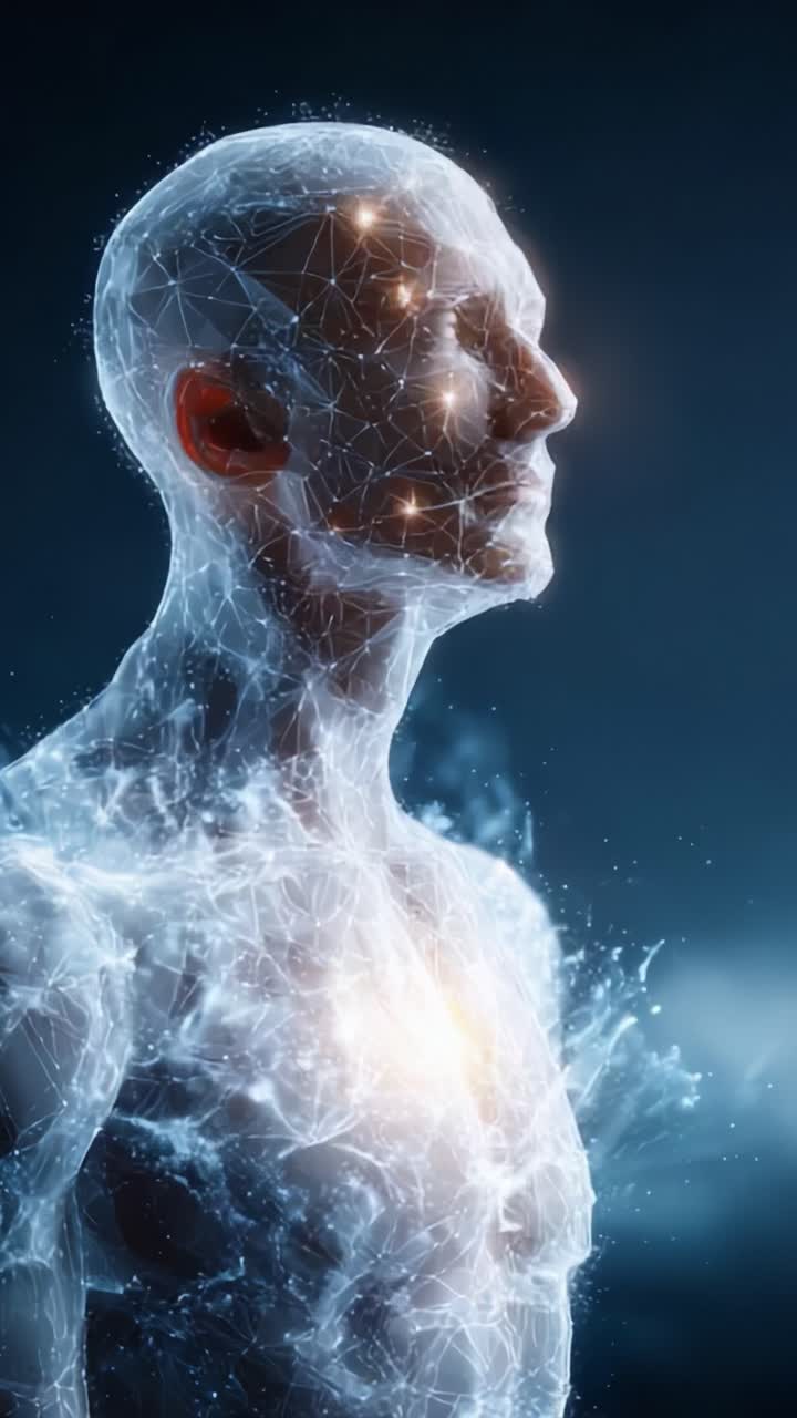 Uma representação impressionante de uma forma humana futurista aprimorada com conexões neurais brilhantes e emissões de energia central, significando tecnologia avançada e criatividade