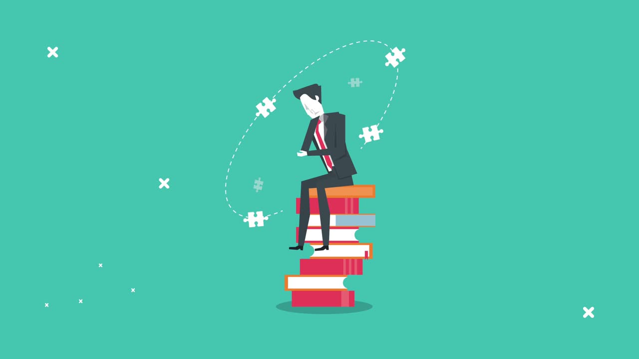 elegant businessman seated in books character