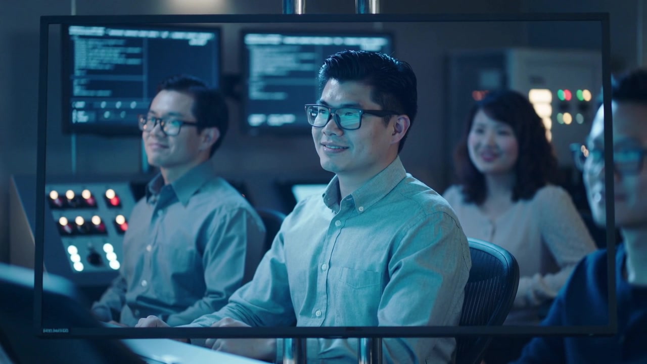 Reacting to status lights, operator in blue shirt smiling, monitoring consoles in control room