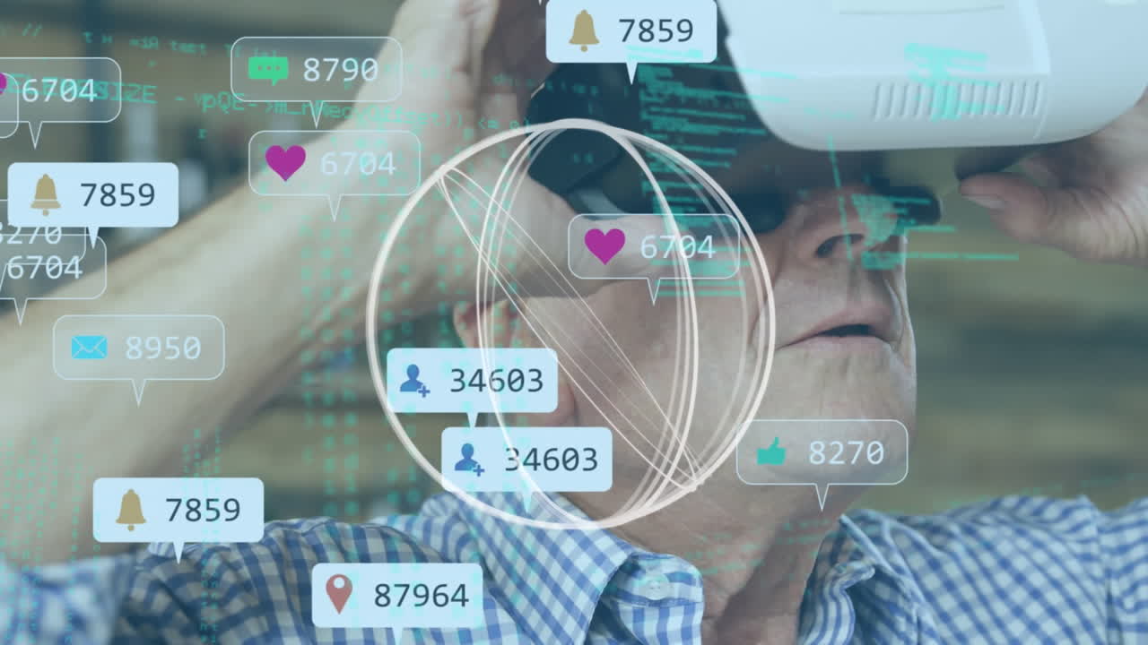 animación de escaneo de alcance y burbujas de habla de redes sociales sobre el hombre que usa auriculares vr